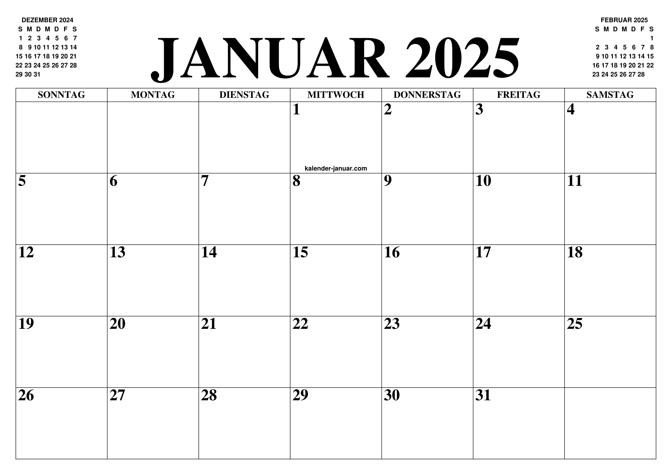 KALENDER JANUAR 2025 : JANUAR KALENDER ZUM AUSDRUCKEN GRATIS MONAT UND JAHR AGENDA